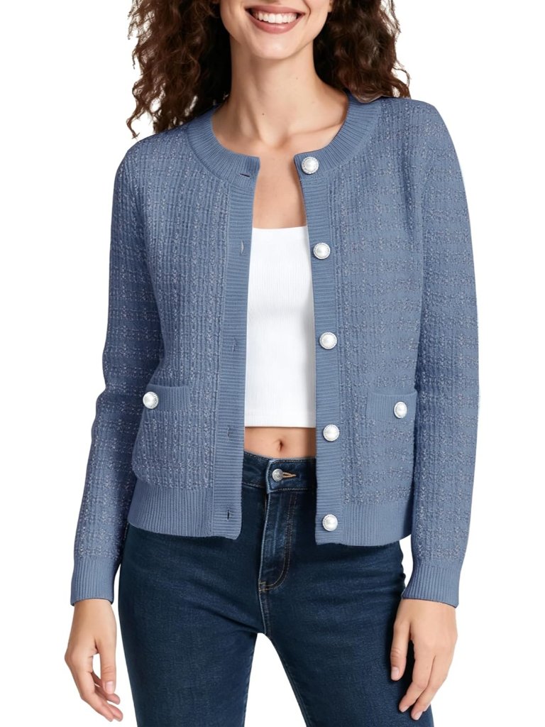 Womens Greyish Blue Long Sleeve Button Down Knit Cropped Casual Cardigan Sweater